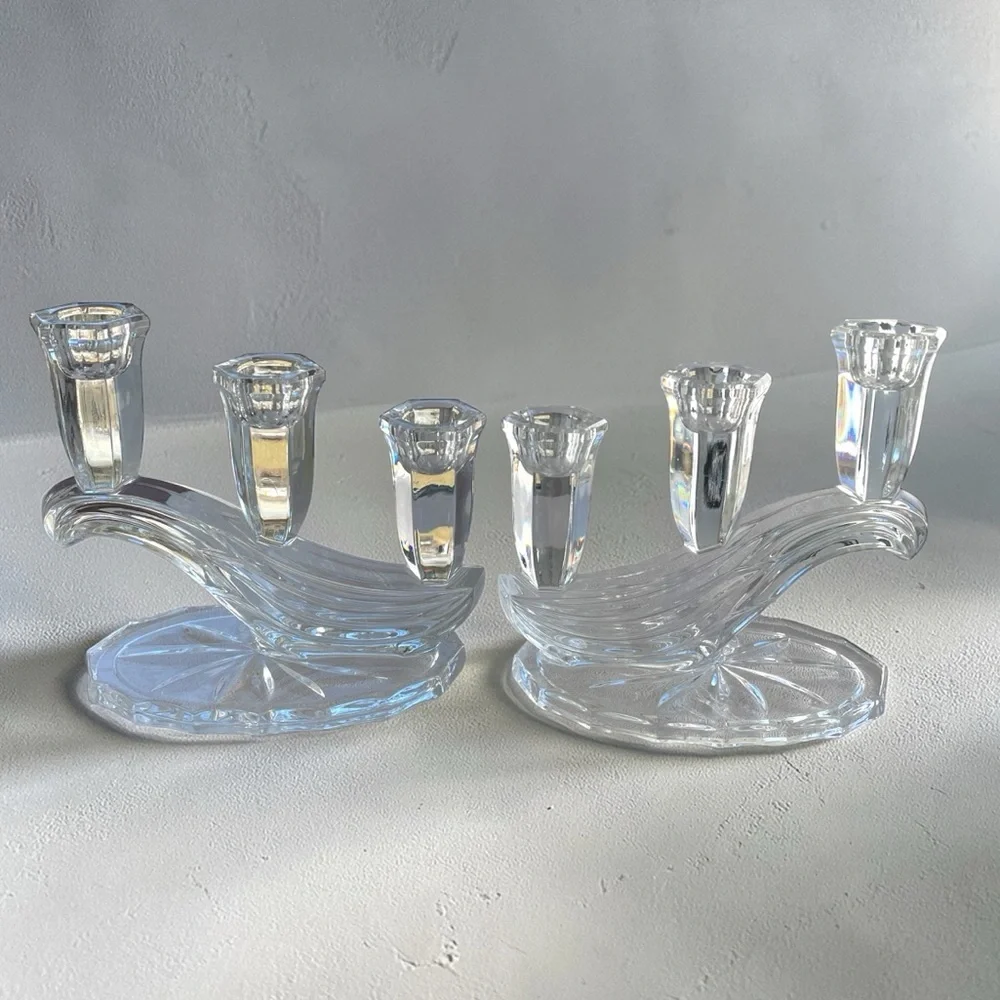 Buder Bleikristall Candelabras, set of 2, graceful 3 arm wave, crystal, vintage